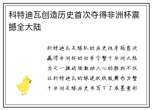 科特迪瓦创造历史首次夺得非洲杯震撼全大陆