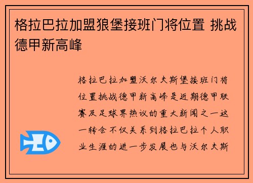格拉巴拉加盟狼堡接班门将位置 挑战德甲新高峰